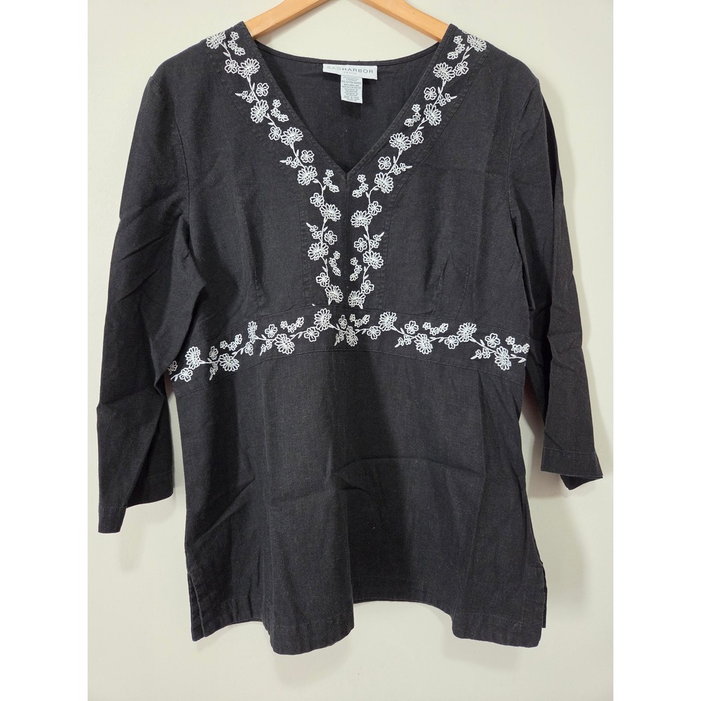 Sag Harbor Petite Black Linen Blend Floral Embroidered V-Neck Blouse PXL